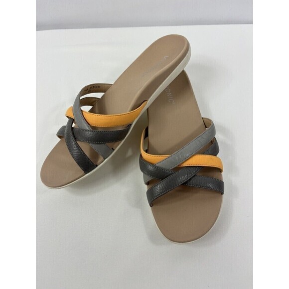 NWOB Vionic Dava Sandals Grey Orange 9 M Strappy Slip On Slides - Picture 4 of 11